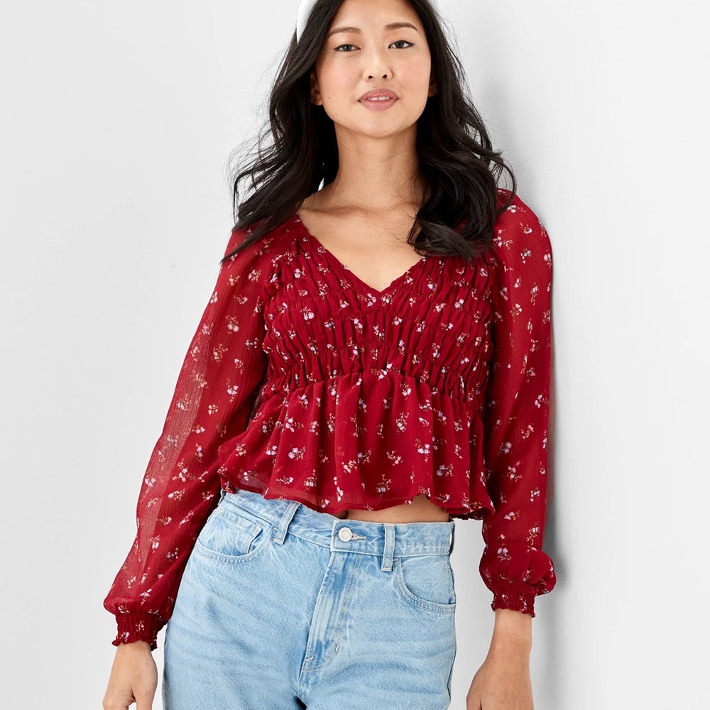American Eagle Smocked Long-Sleeve Burgundy Blouse